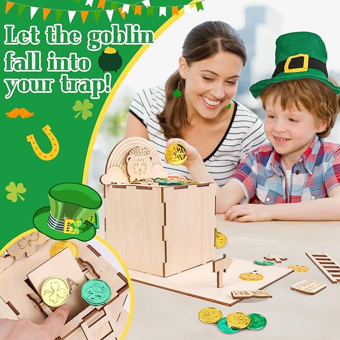 RGJ St Patrick's Day Leprechaun Trap Kit for Kids, Wooden DIY Leprechaun Trap Craft Kit to Catch A Leprechaun, St Patrick's Day Decorations for Kids Party Supplies (Unfinished Painted)