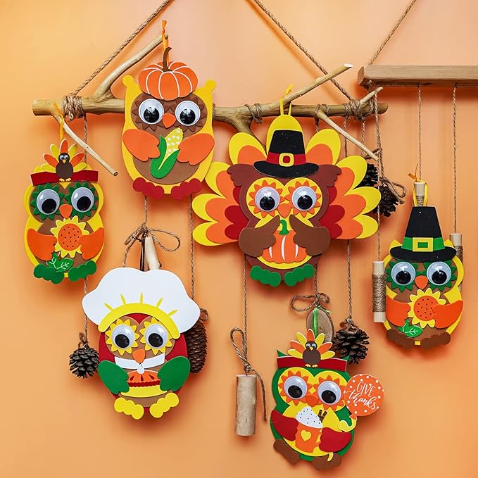 Winlyn 24 Sets Thanksgiving Owl Ornaments Decorations Art Sets DIY Thanksgiving Craft Kits Fall Crafts Pumpkin Sunflower Turkey Foam Stickers Arts and Crafts Googly Eyes for Kids Classroom Activities