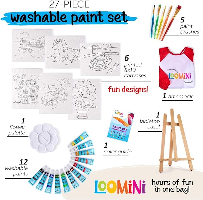 Paint Set for Kids | Premium Art Supplies for Boys & Girls | 27 Piece Washable Paint Set Includes Canvas Panels Paint Brushes Kids Apron Tabletop Art Easel & Storage Travel Bag