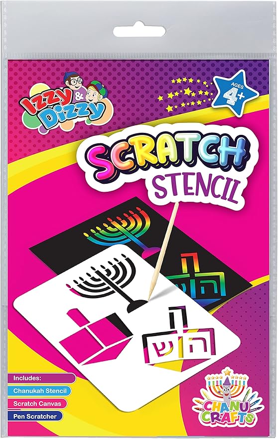 Hanukkah Scratch Stencil Art Kit - 4 Pack - 8" x 6" - Includes Sctatch Stick - Chanukah Arts and Crafts - Gifts and Games - Izzy 'n' Dizzy