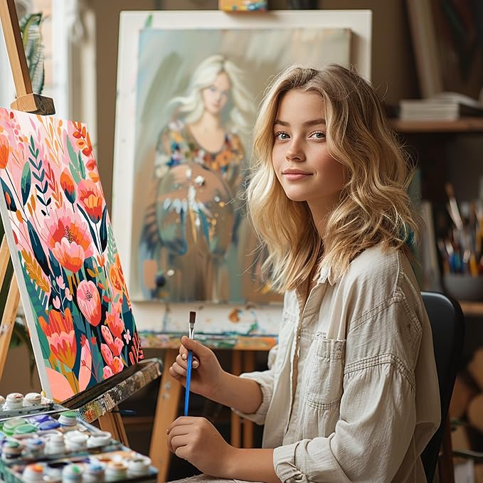 MISCER 4 Pack Paint by Numbers for Adults Beginner,Flowers Paint by Number Kits with Easel, DIY Acrylic Oil Painting Suitable for Home Decoration (8 * 12 Inch)