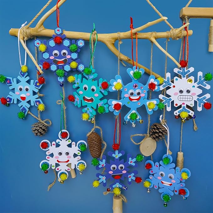 Winlyn 24 Sets Christmas Craft Kits Winter Crafts DIY Snowflake Ornaments Decorations Art Sets Foam Snowflakes Smile Stickers Jingel Bells for Kids Holiday Home Classroom Activities Party Favors