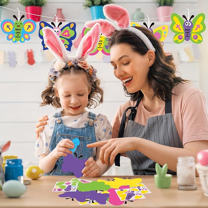WATINC 74pcs Religious Easter Butterfly Craft Kit for kids, New Life in Jesus Craft Decoration, Resurrection Spring Butterflies DIY Sticker Hanging Ornaments with String for Home School Party Supplies