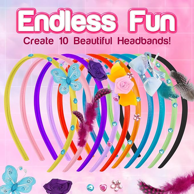 Play Brainy Rainbow Headband DIY Kit for Kids - 8 Year Old Christmas Gifts Girls with 10 Hair Bands, Hair Clasps, Flowers & More, Birthday Gifts for Girls Arts & Crafts for Family & Friends Playdates