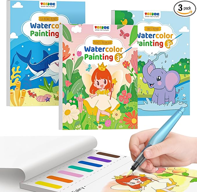 TECJOE 3 Pack Paint with Water Coloring Books for Toddlers, Watercolor Paint Set with 6 Brushes, Painting Activity for Kids Ages 4 5 6 7 8, Christmas Gift Arts & Crafts Toy, Princess, Forest & Sea
