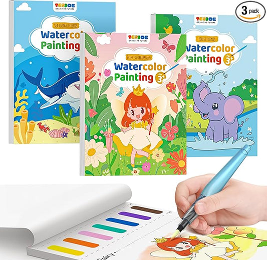 TECJOE 3 Pack Paint with Water Coloring Books for Toddlers, Watercolor Paint Set with 6 Brushes, Painting Activity for Kids Ages 4 5 6 7 8, Christmas Gift Arts & Crafts Toy, Princess, Forest & Sea