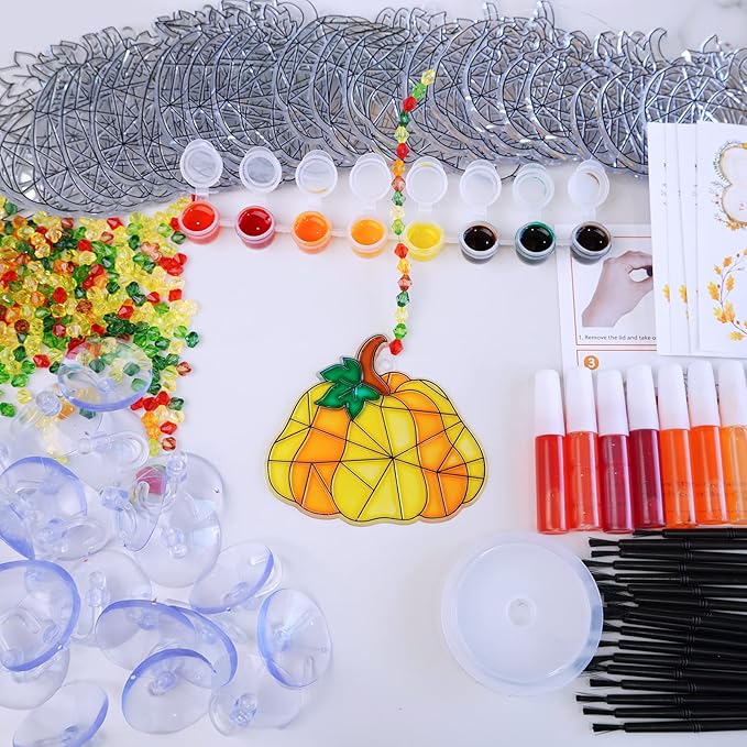 Winlyn 27 Sets Pumpkin Suncatchers DIY Window Paint Art Suncatchers Fall Pumpkin Craft Kits Autumn Pumpkin Sun Catchers for Kids Classroom Halloween Thanksgiving Art Activities