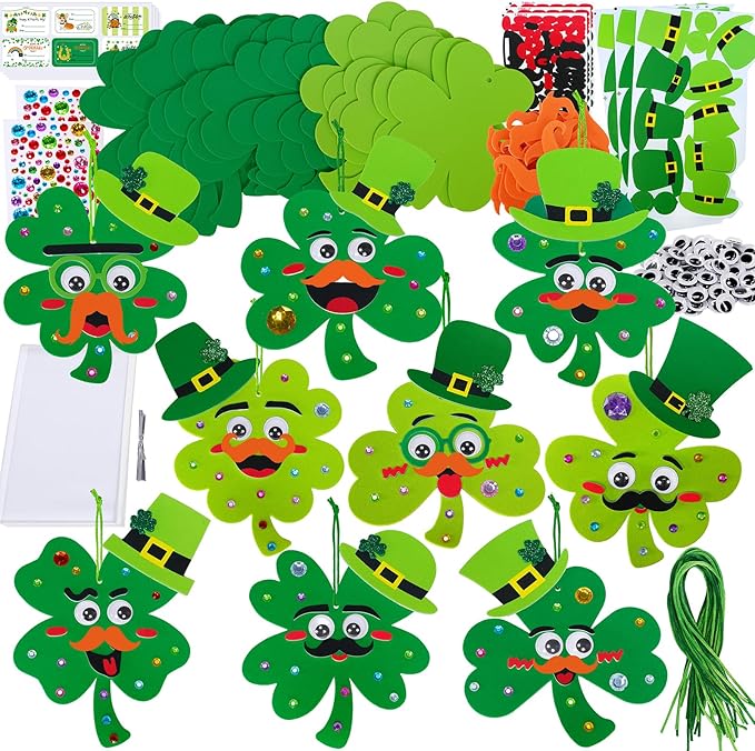 Winlyn 27 Sets St. Patrick's Day Decorations Lucky Shamrock Ornaments DIY St. Pat's Craft Kits Four-Leaf Clover Irish Lucky Shamrock Foam Stickers for Kids Party Classroom Home Activities Art Project