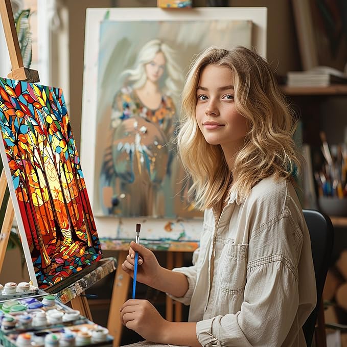 MISCER 4 Pack Paint by Numbers for Adults Beginner, Trees Paint by Number Kits with Easel, DIY Acrylic Oil Painting Suitable for Home Decoration (8 * 12 Inch)