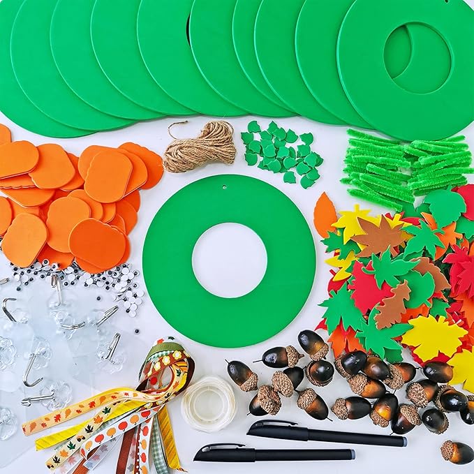 Supla 12 Kits 3D Pumpkin Fall Leaf Wreath Craft Kit DIY Thanksgiving Wreath with Maple Leaves Acorns Bows Wiggle Eyes for Kids Crafts Fall Thanksgiving Halloween Seasonal Decoration