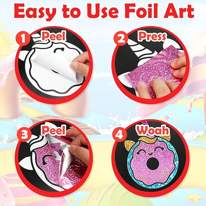Foil Art Craft Activity for Kids: Fun DIY Toy Sticker Kit, No Mess Creative Travel Supply Set, Idea Birthday Easter Basket Stuffers Valentines Gift for Girl Boy Toddler 4 5 6 7 8 9 Year Old (Food)