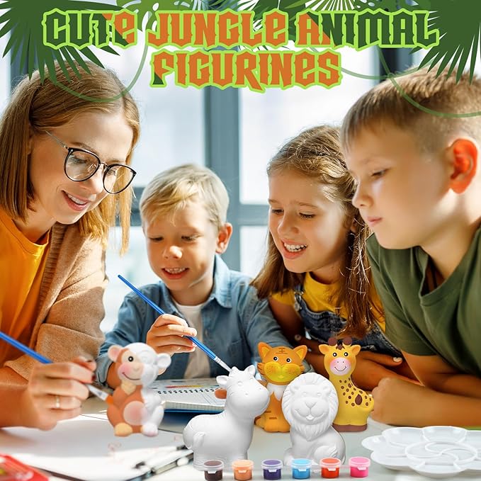 Gemscream 6 Sets Jungle Animal Painting Kit for Girls Boys Crafts and Arts Set Safari Zoo Wild Animal Toy Art and Crafts Ceramics to Paint for Classroom Activities Rewards Paint Figurines Gift