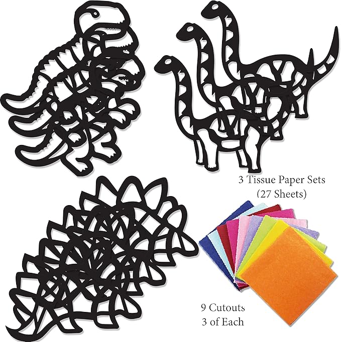 VHALE Suncatchers Craft 3 Sets (9 Cutouts) w Tissue Papers Stained Glass Effect Paper Sun Catcher Kit, Window Art, Classroom Crafts, Creative Art Projects, Kids Party Favors (Dinosaur)