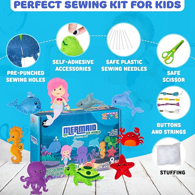 MOMOTOYS Kids Sewing Kit for Kids, Fun & Educational Mermaid and Sealife Sew Craft Set for Boys and Girls Ages 8-12, Complete Beginner Sewing Kit with Felt Plushie for Creative DIY Projects