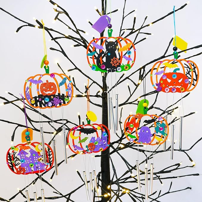 Winlyn 24 Sets Halloween Crafts Fall Pumpkin Crafts DIY Unfinished Paintable Wooden Pumpkin Wind Chimes Ornaments Craft Kits for Kids Classroom Activities Art Project Halloween Decoration Party Favors