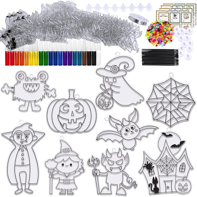 Winlyn 27 Sets Halloween Suncatchers Ornaments Decorations DIY Window Paint Art Suncatchers Halloween Craft Kits Bat Ghost Spider Monster Sun Catchers for Kids Classroom Party Activities Art Project