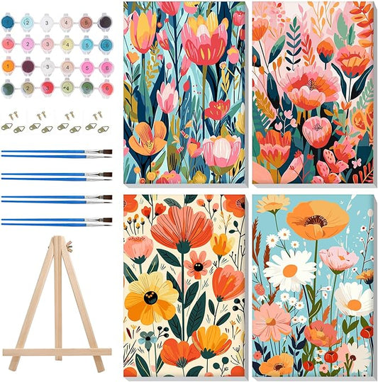 MISCER 4 Pack Paint by Numbers for Adults Beginner,Flowers Paint by Number Kits with Easel, DIY Acrylic Oil Painting Suitable for Home Decoration (8 * 12 Inch)