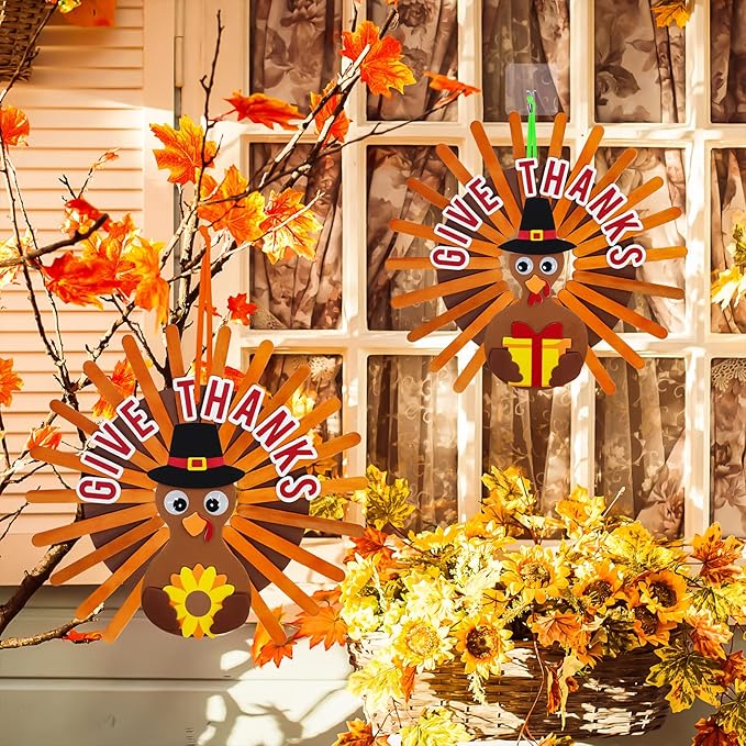 Winlyn 12 Sets Thanksgiving Wreath Signs Decorations Art Sets DIY Give Thanks Thanksgiving Craft Kits Fall Crafts Wood Craft Sticks Turkey Foam Stickers Googly Eyes for Kids Party Classroom Activities