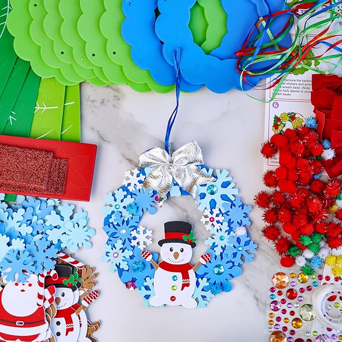 Winlyn 12 Sets Christmas Craft Kits Winter Crafts DIY 3D Christmas Wreath Ornaments Art Sets Santa Snowflake Snowman Christmas Foam Stickers Arts and Crafts for Kids Holiday Home Classroom Activities