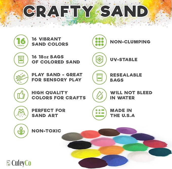CuteyCo CraftySand’s Big Pack: 16 lbs & 16 Colors for Kids’ Play Sand, Sand Art