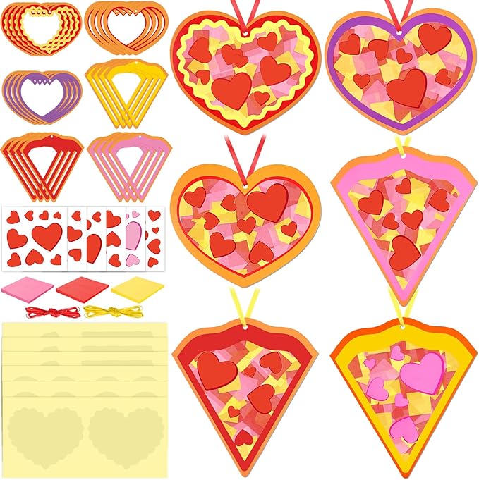 Tinlade 24 Pcs Valentine‘s Day Craft Kit Pizza Heart Shaped Suncatcher Craft Window DIY Tissue Paper Decoration Ornament for Classroom Valentines Party Favor Supplies