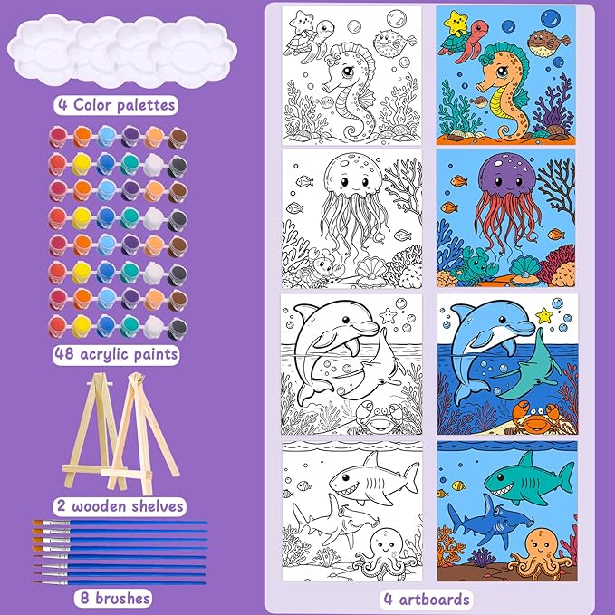 Yizeda 4 Packs 7.8x7.8 Pre Drawn Canvas Paint Set,Paint by Numbers for Kids,48 Paints 8 Brushes 2 Easels,Pre-Printed Acrylic Oil Painting Kit Ages 8-12 9-12 4-8 Pre Drawn Canvas for Painting for Kids