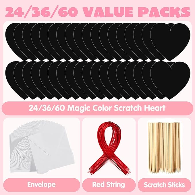 JOYIN 60 Packs Valentines Day Gifts Cards with Scratch Heart for Kids Magic Color Scratch Paper Heart Rainbow Cards for Valentine Crafts and Art Classroom Exchange, Party Favors