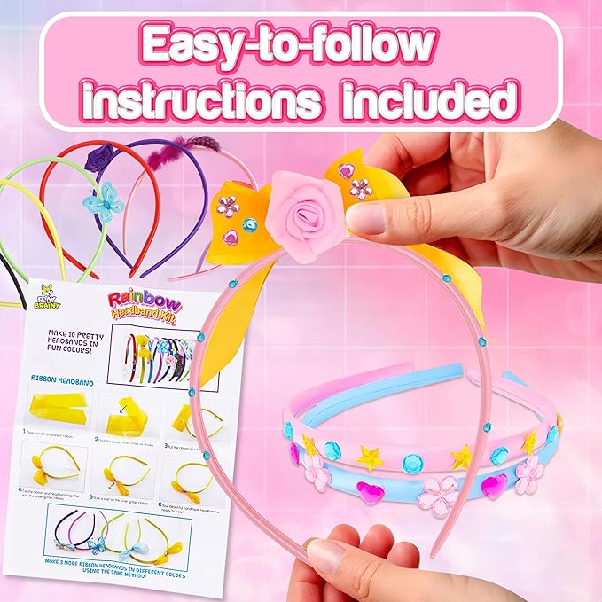 Play Brainy Rainbow Headband DIY Kit for Kids - 8 Year Old Christmas Gifts Girls with 10 Hair Bands, Hair Clasps, Flowers & More, Birthday Gifts for Girls Arts & Crafts for Family & Friends Playdates