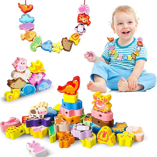 Montessori Educational Wooden Lacing Beads Toys for Toddler 3 4 5 Year Old, Farm Animals Dinosaur Fish Threading Toys Preschool Stringing Fine Motor Skills Toy for Boys Girls