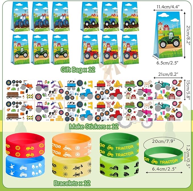 Tractor Party Favors - Farm Tractor Theme Birthday Party Supplies Decorations, Gift Bags, Slap Bracelets, Rubber Bracelets, Tattoo Stickers, Button Pin, DIY Stickers for Boys Girls Kids Party Favor