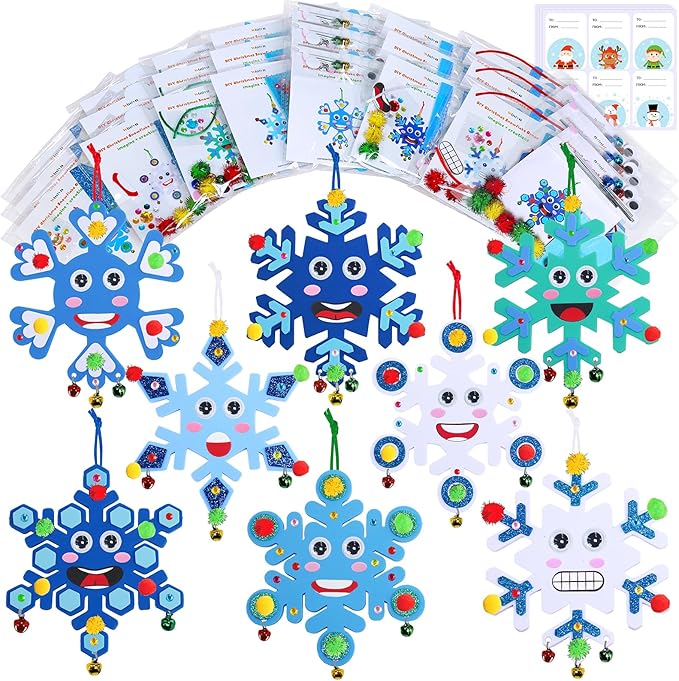 Winlyn 24 Sets Christmas Craft Kits Winter Crafts DIY Snowflake Ornaments Decorations Art Sets Foam Snowflakes Smile Stickers Jingel Bells for Kids Holiday Home Classroom Activities Party Favors