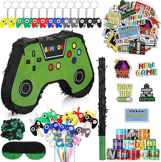 Meooeck 90 Video Game Party Favors Include Game Controller Piñata with Blindfold Baton Confetti Slap Bracelet Keychain Straw Sticker Gamer Party Favors Gamer Birthday Decorations for Theme(Green)
