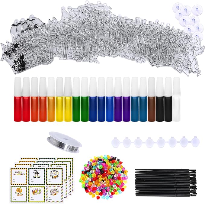 Winlyn 27 Sets Halloween Suncatchers Ornaments Decorations DIY Window Paint Art Suncatchers Halloween Craft Kits Bat Ghost Spider Monster Sun Catchers for Kids Classroom Party Activities Art Project