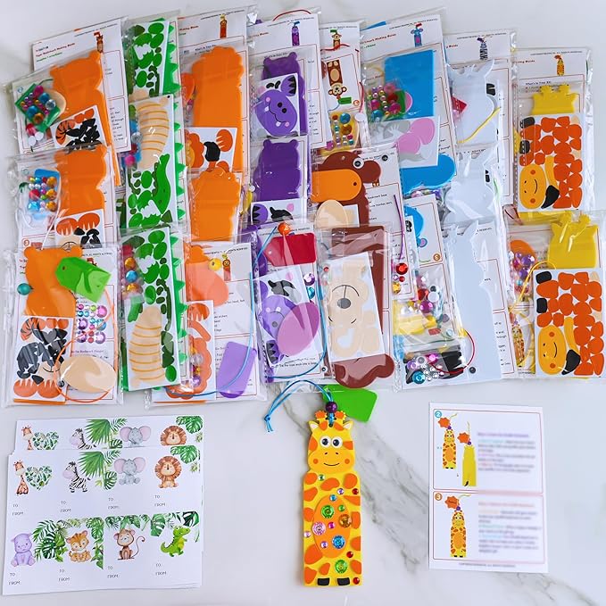Winlyn 32 Sets Jungle Animal Crafts Kits DIY Jungle Safari Zoo Wild Animal Bookmarks Decorations Art Set Tiger Lion Zebra Foam Stickers for Kids Party Favors Classroom Activities Reading Rewards