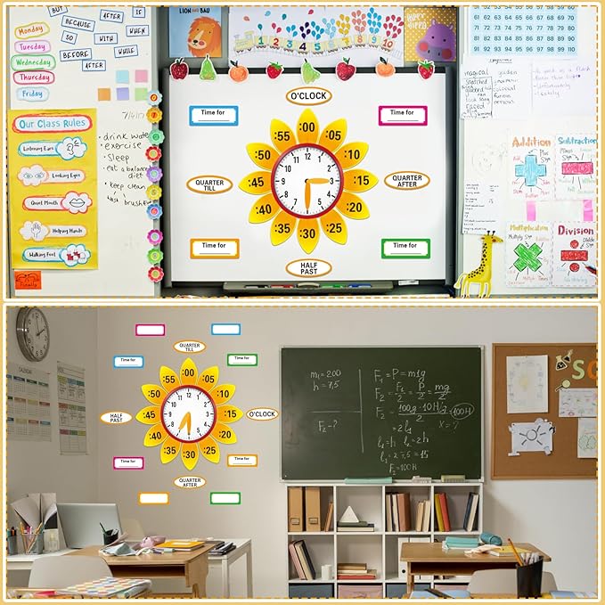 WhatSign Telling Time Bulletin Board Decorations 38Pcs Telling Time Bulletin Board Set Learning to Tell Time Clock Cutouts Telling Time Teaching Clock for Kids Classroom Must Have Teacher Supplies