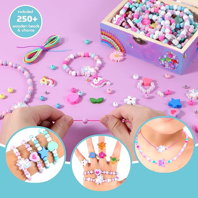 Arts and Crafts for Kids Girls Age 6-8, Paint Your Own Jewelry Box & Bracelet Making Kit, Unicorn Toys for Girls 8-12 Years Old, 250PCS Wooden Beads Charms Jewelry Making Kit Christmas Gift