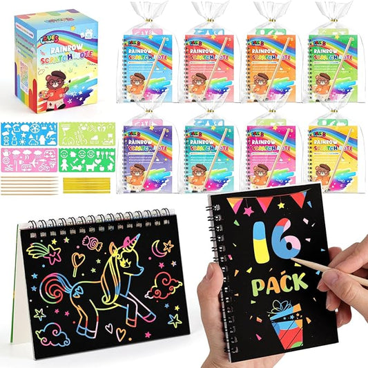 LovesTown 16 Pack Rainbow Scratch Art Party Favors for Kids, Rainbow Notebooks with Stencils & Gift Bags, DIY Craft for Birthday Party Return Gifts, Goodie Bags Stuffers