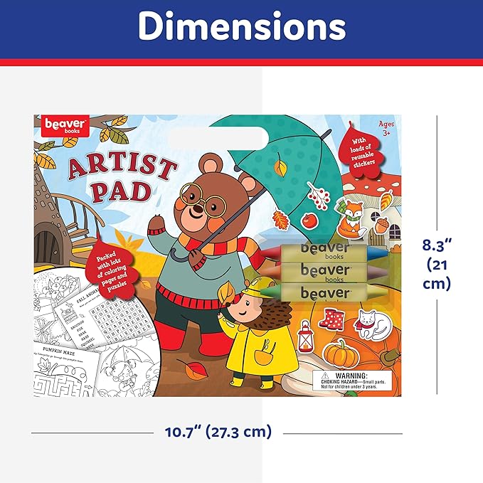 Large Artist Pad with Handle Set, Reusable Sticker Book with Coloring and Puzzle Activities for Kids 3 and Up, Includes 3 Double-Sided Crayons, Kids Art Supplies for Travel and Home