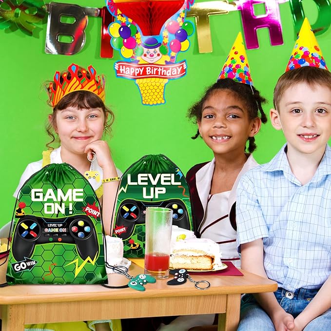 Nosiny 72PCS Video Game Party Favors Birthday Include 24 Video Game Goodie Drawstring Bags 24 Silicone Bracelet 24 Controller Keychain for Kids for Party Supplies (Green, Vivid)