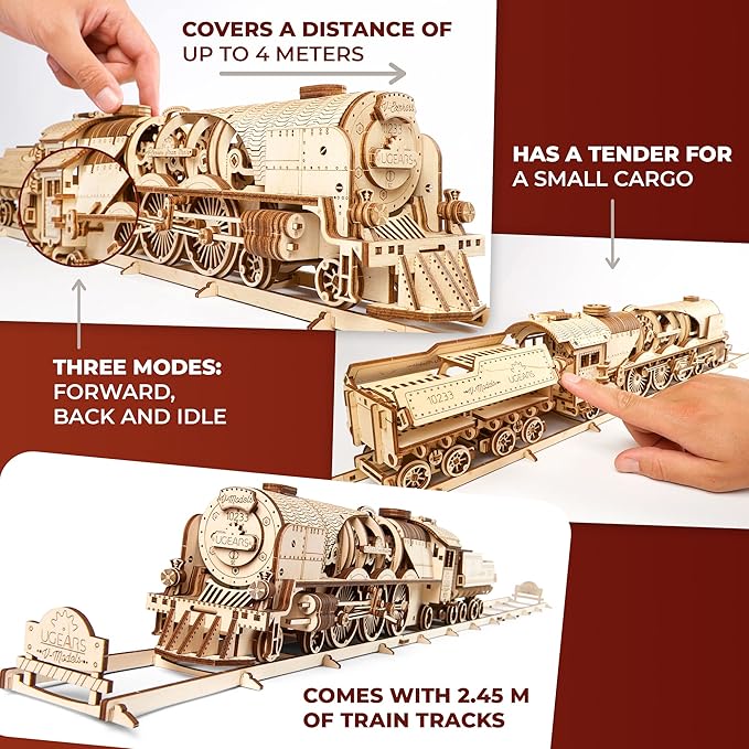 UGEARS 3D Puzzles for Adults - V-Express Steam Train with Tender Idea- 3D Wooden Puzzle Model Kits for Adults and Teens Building Kit Wooden Model Kits