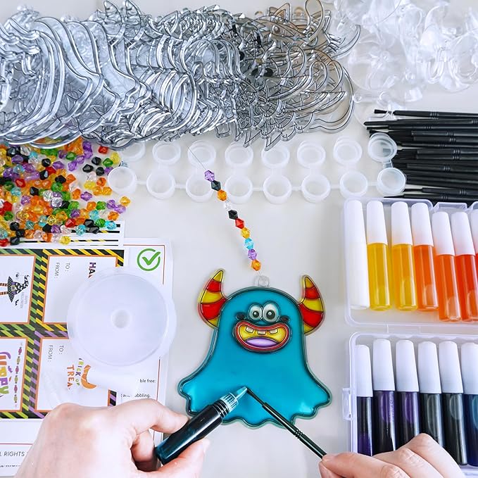 Winlyn 30 Sets Halloween Suncatchers Ornaments Decorations DIY Window Paint Art Suncatchers Halloween Craft Kits Jack-O'-Lantern Ghost Spider Sun Catchers for Kids Classroom Activities Art Project