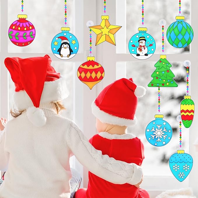 Winlyn 30 Sets Christmas Bauble Suncatcher Ornaments DIY Window Paint Art Suncatchers Craft Kits Winter Christmas Ball Sun Catchers for Kids Holiday Classroom Party Decorations Art Project