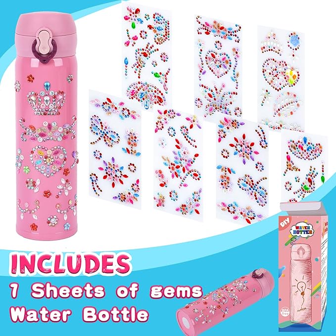 YOFUN Create Your Water Bottle with Tons of Rhinestone Gem Stickers - Craft Kit & DIY Art Set for Children, Gift for Girls - 17 OZ BPA Free Stainless Steel Vacuum Insulated Mug (Gemstone)