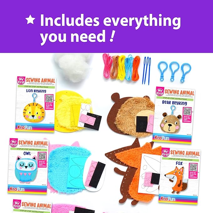 KRAFUN My First Sewing Animal for Kids, Beginner Art & Craft, 5 Easy Activities Stuffed Animal Dolls, Keyring Charms, Instructions & Felt Materials for Learn to Sew, Embroidery