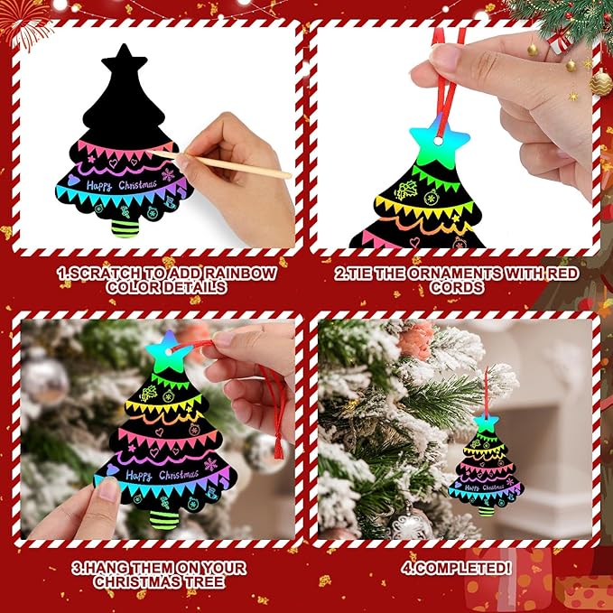 FEBSNOW 48 PCS Christmas Crafts for Kids, Magic Rainbow Christmas Scratch Art Paper Cards Christmas Tree Hanging Ornaments Christmas Gifts for Party Favors Games