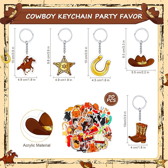 Nosiny 90 Pieces Cowboy Cowgirl Party Favor Supplies, Includes Silicone Bracelets Stretch Wristbands Acrylic Keychains and Cowboy Stickers for Western Themed Birthday Baby Shower Party Favors