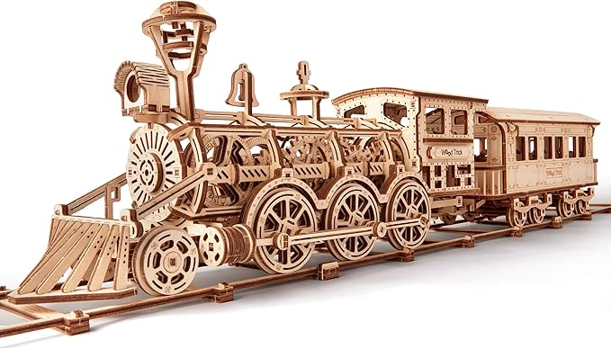 Wood Trick Wooden Toy Train Set with Railway - 34x7″ - Locomotive Train Toy Mechanical Model Kit - 3D Wooden Puzzles for Adults and Kids to Build - Engineering DIY Wooden Models for Adults to Build