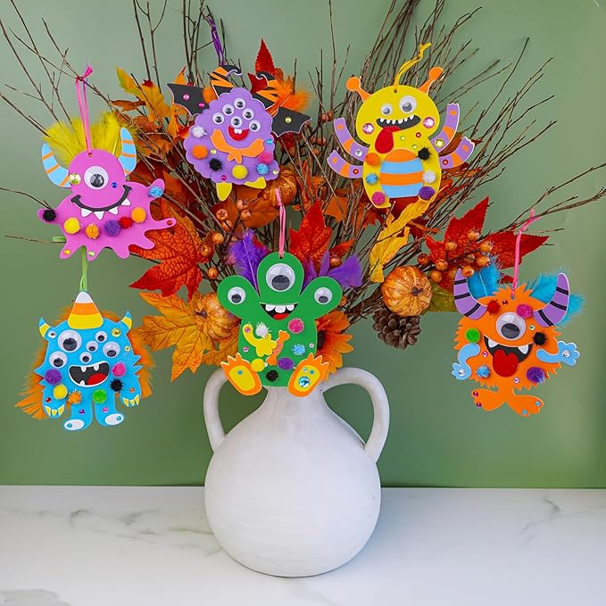 Winlyn 24 Sets Halloween Craft Kits Fall Kids Crafts DIY Monster Ornaments Decorations Art Sets Foam Halloween Monster Stickers Googly Eyes for Kids Autumn Halloween Classroom Party Activities