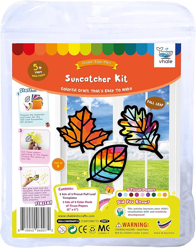 VHALE Suncatchers Craft 3 Sets (9 Cutouts) w Tissue Papers Stained Glass Effect Paper Sun Catcher Kit, Window Art, Classroom Crafts, Creative Art Projects, Kids Party Favors (Fall Leaf)