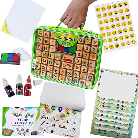Large Wooden Stamp Premium Set for Kids. 72 Pcs Alphabet Stamps. Letters, Numbers, 3-Color Washable Ink Pad, 3 Refill Bottles, Activity Book. Ideal Creativity Kit for Back to School